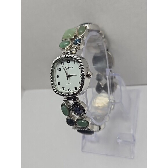 Novelle Gemstone Bracelet Watch Aventurine Blue Cabochon Silver Tone New Battery - Picture 2 of 10